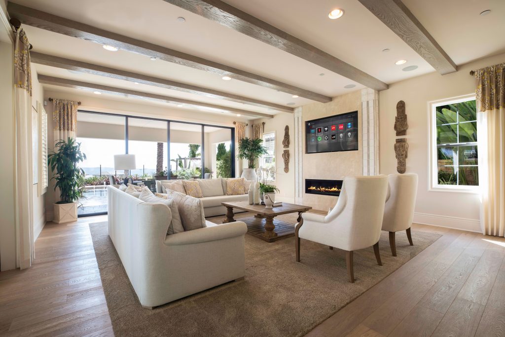 Cream living room with home cinema screen